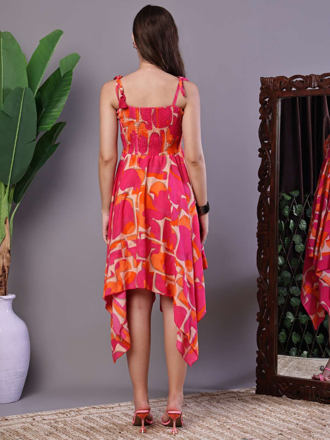 Women's Orange & Pink Printed Cotton Handkerchief Hem Dress Midi Dresses - Image 2