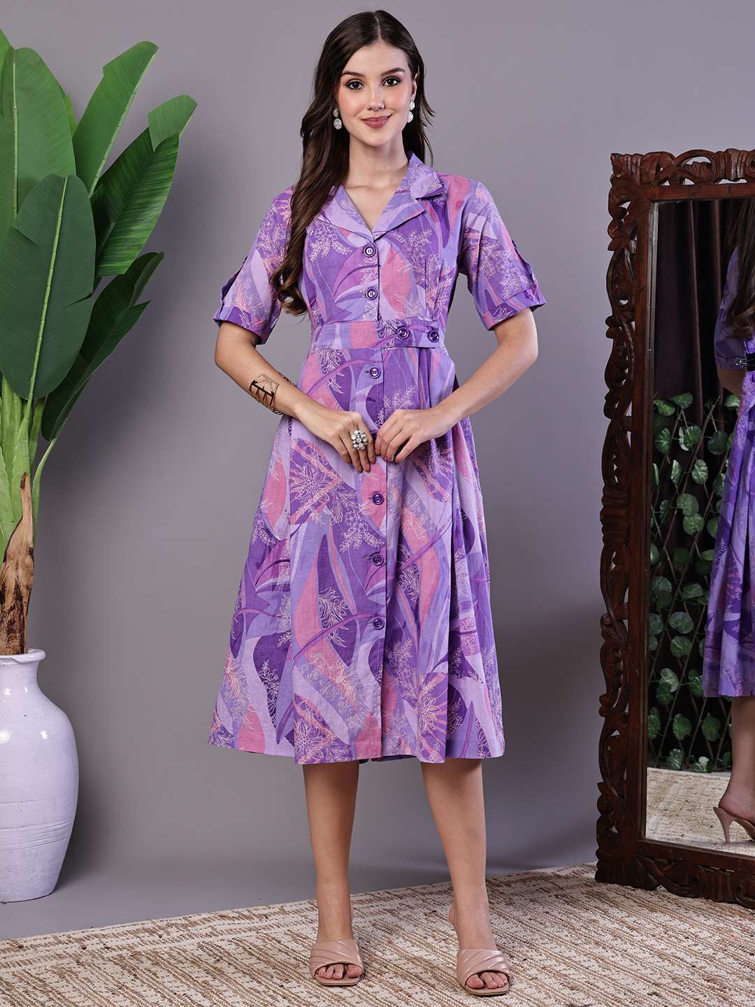 Women's Purple Abstract Print Cotton Shirt Dress - Image 3