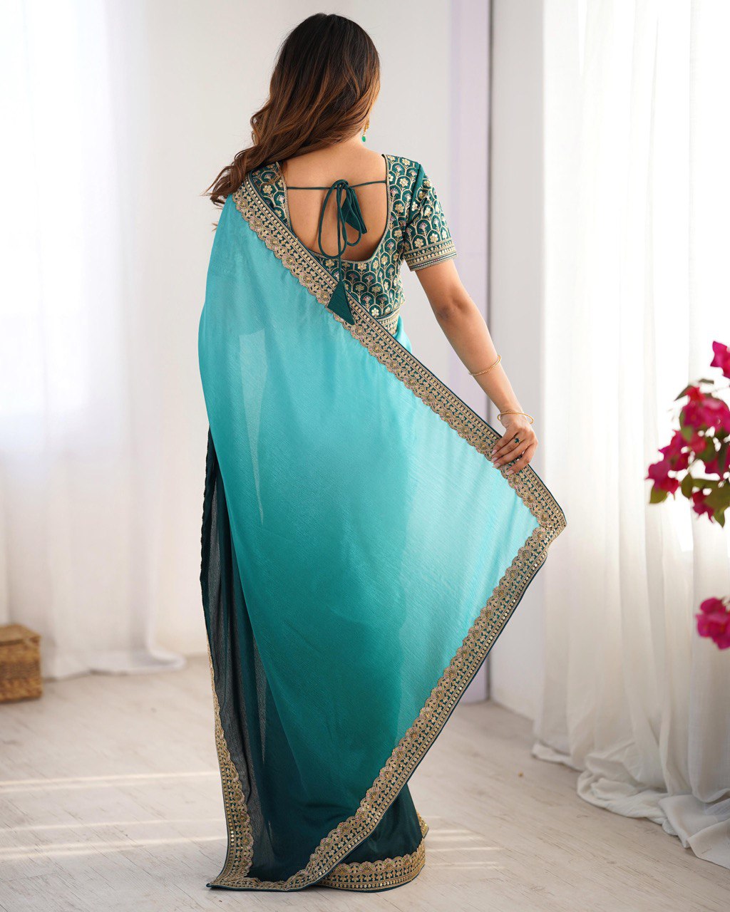 Women's Elegant Ombre Green Georgette Saree with Intricate Golden Zari & Stone Embellishments β Complete with Heavily Worked Blouse for Festive & Wedding Wear - Image 12