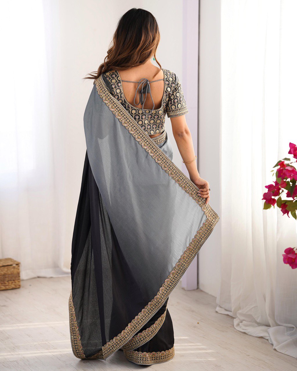 Women's Elegant Ombre Green Georgette Saree with Intricate Golden Zari & Stone Embellishments β Complete with Heavily Worked Blouse for Festive & Wedding Wear - Image 5