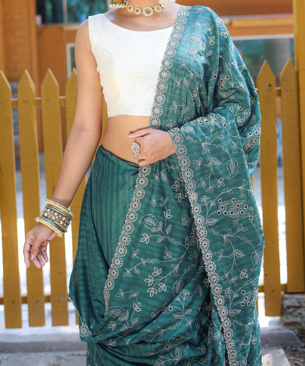 Women's Royal Prussian Blue Georgette Saree with Intricate Silver Thread & Mirror Work Embroidery β Perfect for Festive & Wedding Celebrations - Image 18