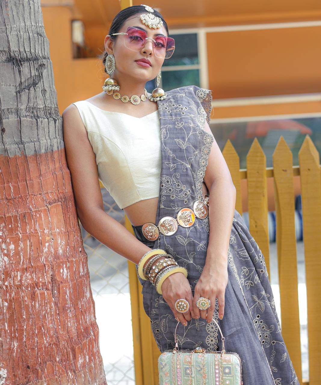 Women's Royal Prussian Blue Georgette Saree with Intricate Silver Thread & Mirror Work Embroidery β Perfect for Festive & Wedding Celebrations - Image 15