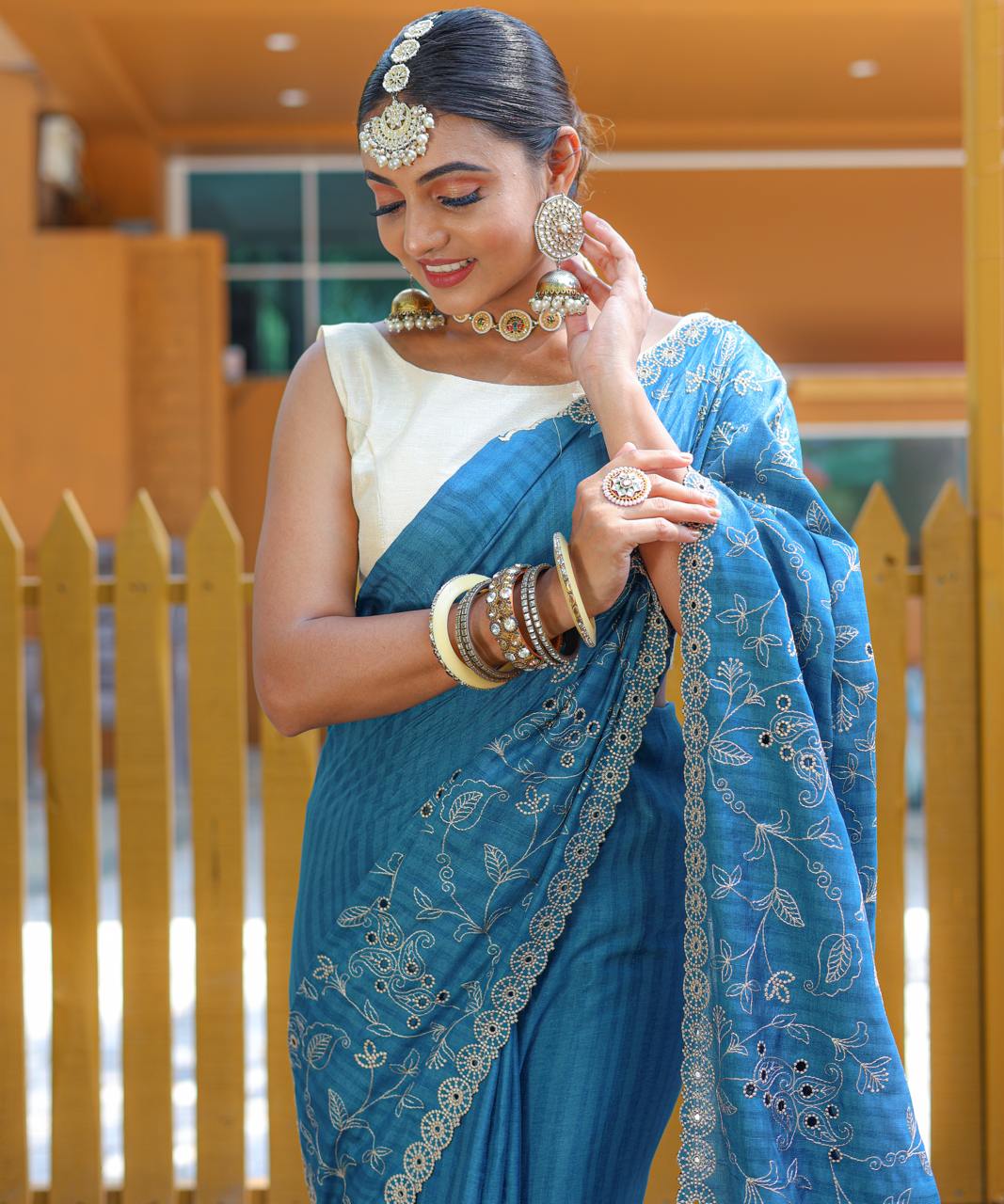 Women's Royal Prussian Blue Georgette Saree with Intricate Silver Thread & Mirror Work Embroidery β Perfect for Festive & Wedding Celebrations - Image 3