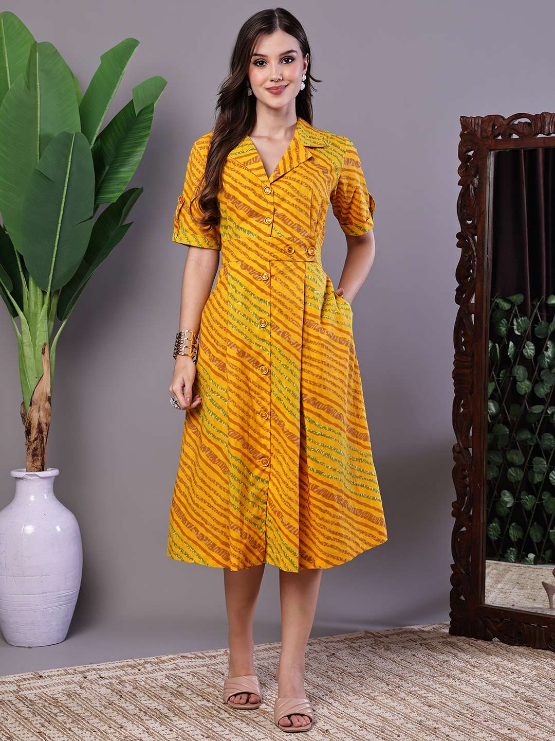 Women's Yellow Printed Cotton Shirt Dress - Image 3